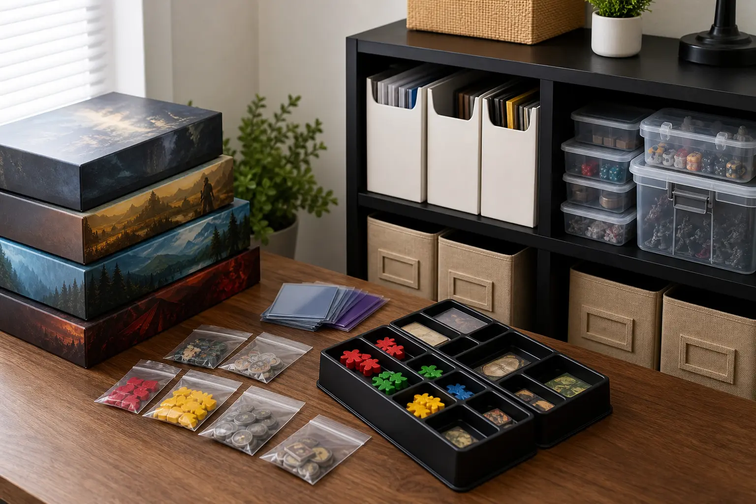 Board game storage and accessory setup with boxes, card sleeves, bags, trays, and shelf storage.